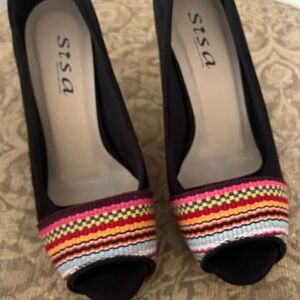 Women's SISA Black Suede Slip-on Peep Toe Pumps w/Multicolor Woven Fabric - 35